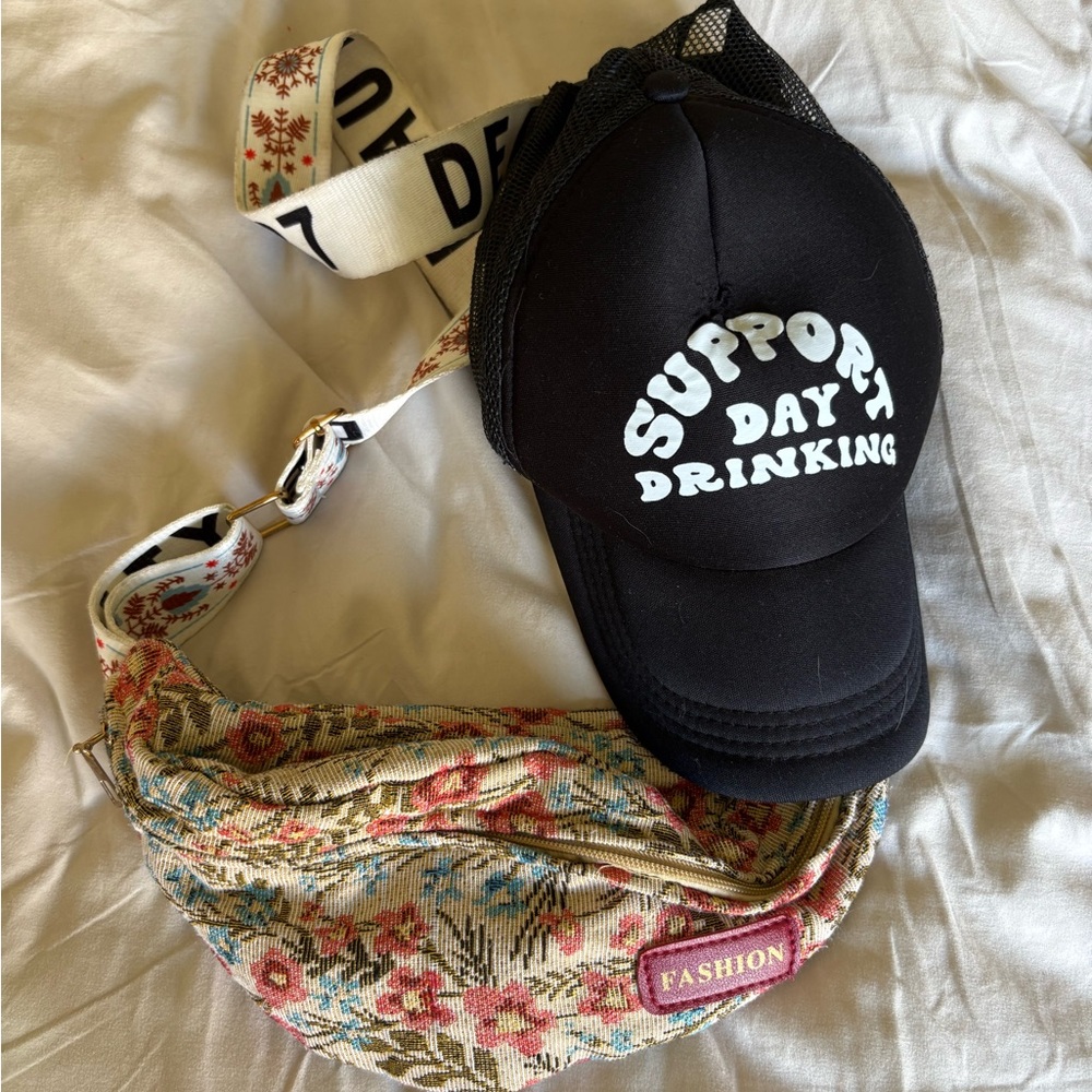 Fashion Black Cap and Floral Bag Set